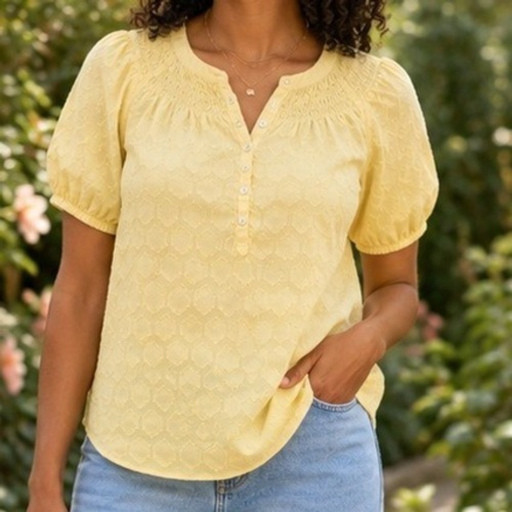 LOFT Textured Geometric 100% Cotton pastel yellow peasant blouse womens small